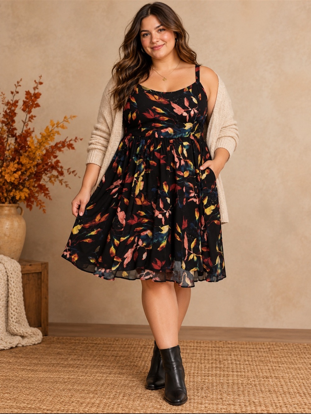 torrid Black Floral-Fall Leaf Print Dress Plus Size Sleeveless Fit & Flare